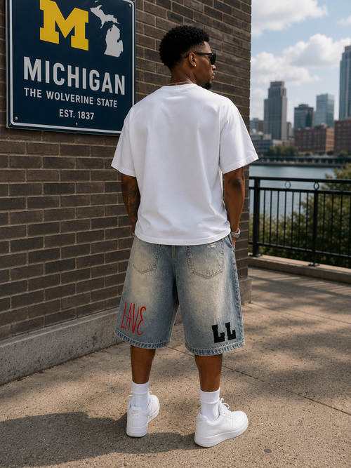 LAVERN LOBBY-LAVE+JESUS PIECE-Faded Distressed Baggy Denim Shorts